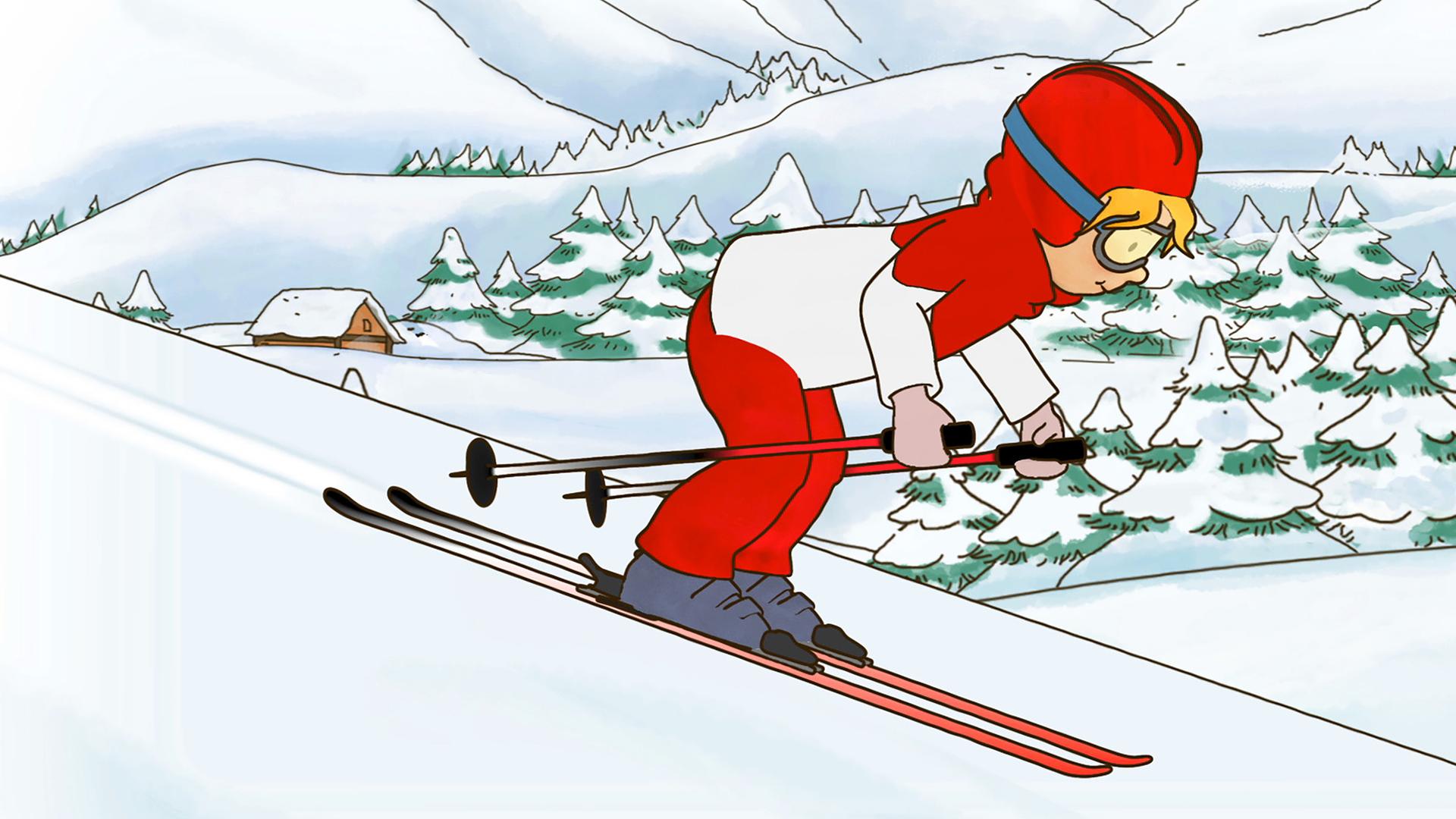 Conni fährt in einem roten Skianzug die Piste herunter.