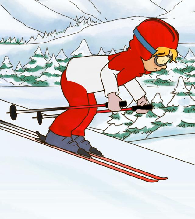 Conni fährt in einem roten Skianzug die Piste herunter.