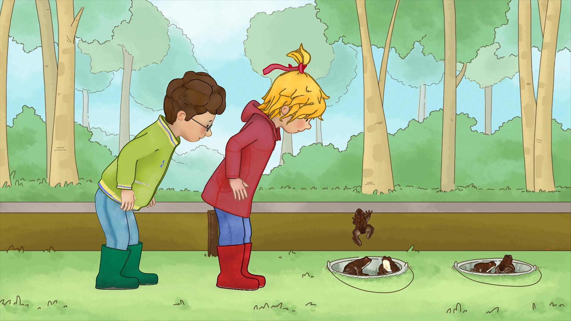 Conni steht neben Simon und schaut auf viele Kröten, die sich in Eimern im Boden befinden.