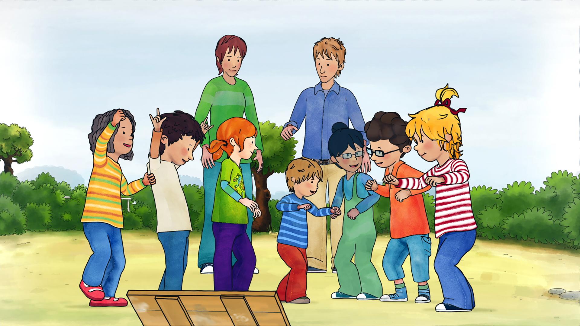 Conni feiert mit all ihren Freunden Geburtstag. Sie alle tanzen und freuen sich.