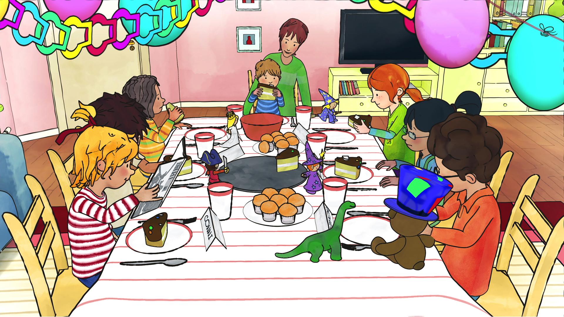 Conni feiert ihren Geburtstag mit vielen Kindern. Sie sitzen alle an einem großen Tisch, während Conni ihre Geschenke auspackt.