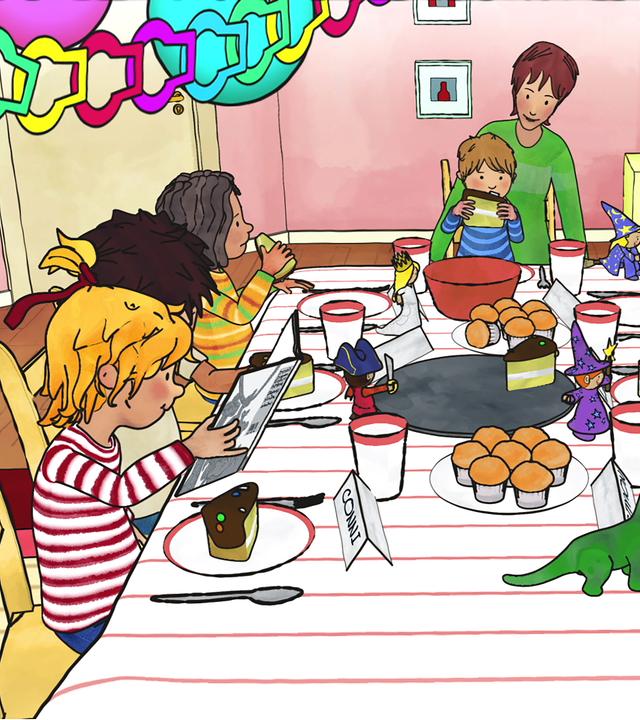 Conni feiert ihren Geburtstag mit vielen Kindern. Sie sitzen alle an einem großen Tisch, während Conni ihre Geschenke auspackt.