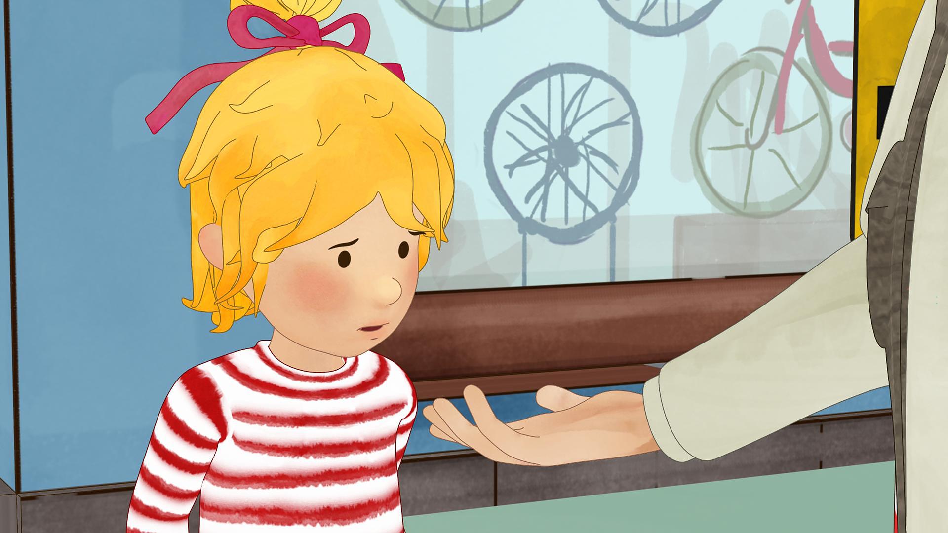 Conni wird von jemandem angesprochen, der ihr die Hand hinhält. Sie sieht verunsichert aus.