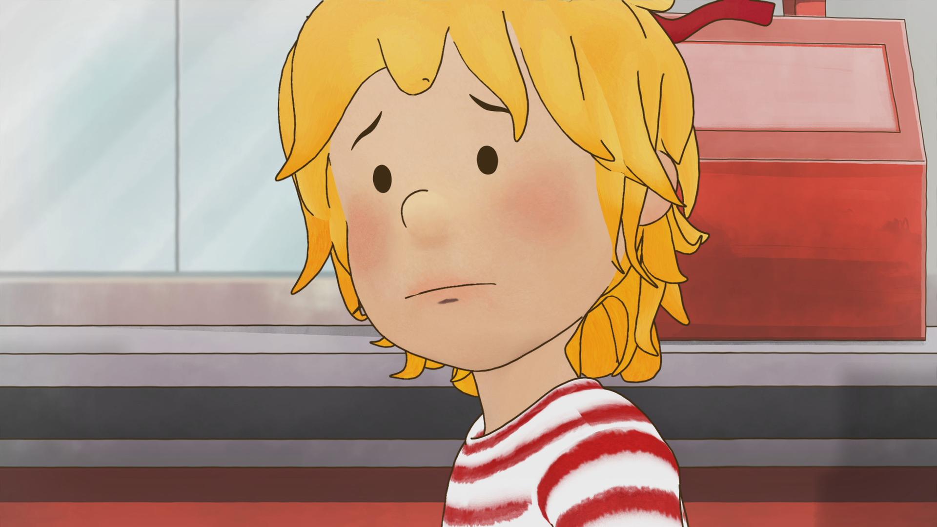 Conni mit weit aufgerissen Augen. Sie sucht ihre Mama im Kaufhaus.