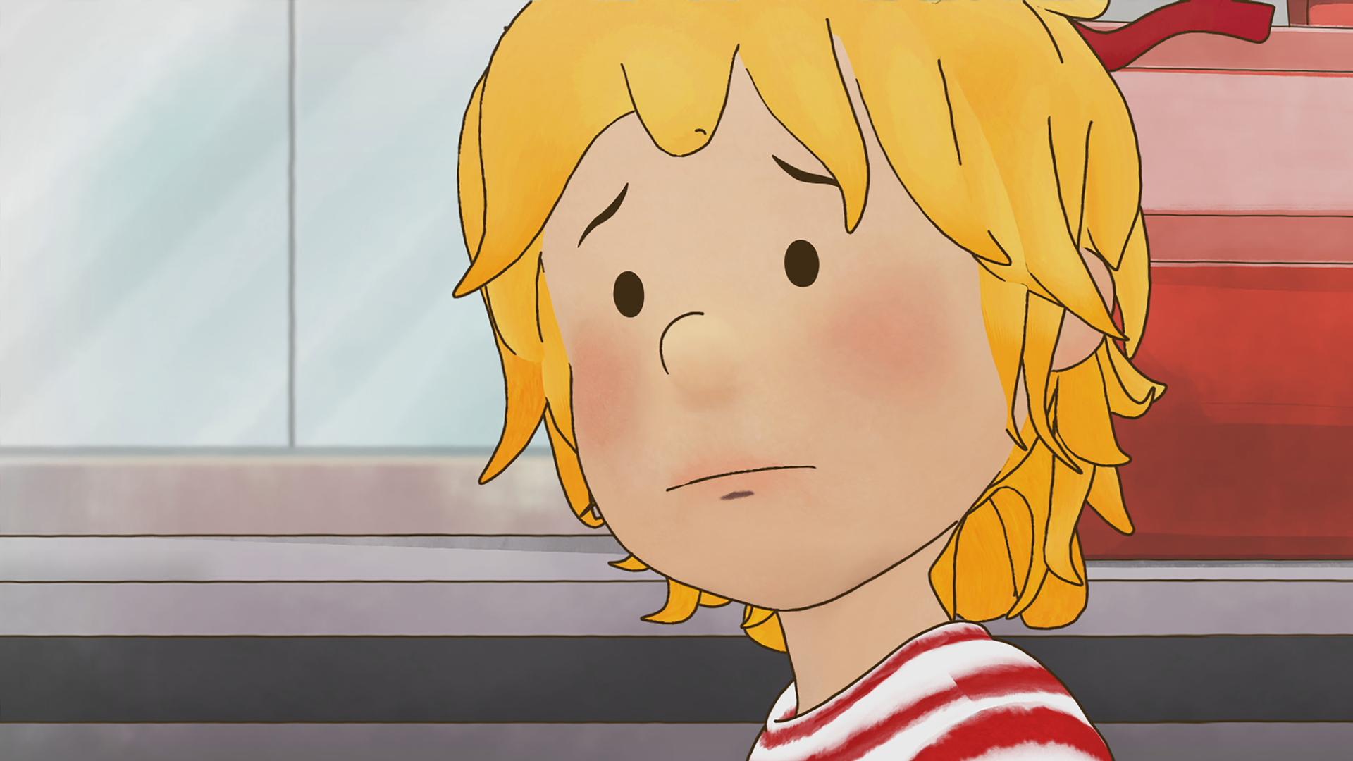 Conni mit weit aufgerissen Augen. Sie sucht ihre Mama im Kaufhaus.