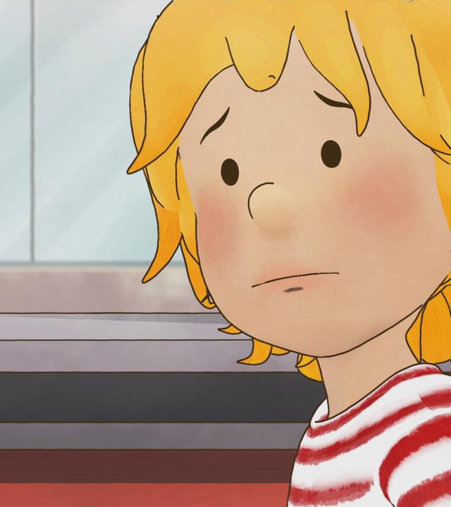 Conni mit weit aufgerissen Augen. Sie sucht ihre Mama im Kaufhaus.