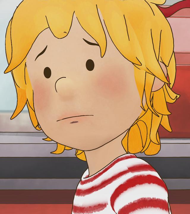 Conni mit weit aufgerissen Augen. Sie sucht ihre Mama im Kaufhaus.