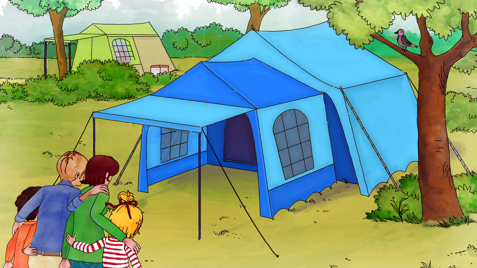 Conni steht mit ihren Eltern und ihrem Freund Simon vor dem blauen Familienzelt.