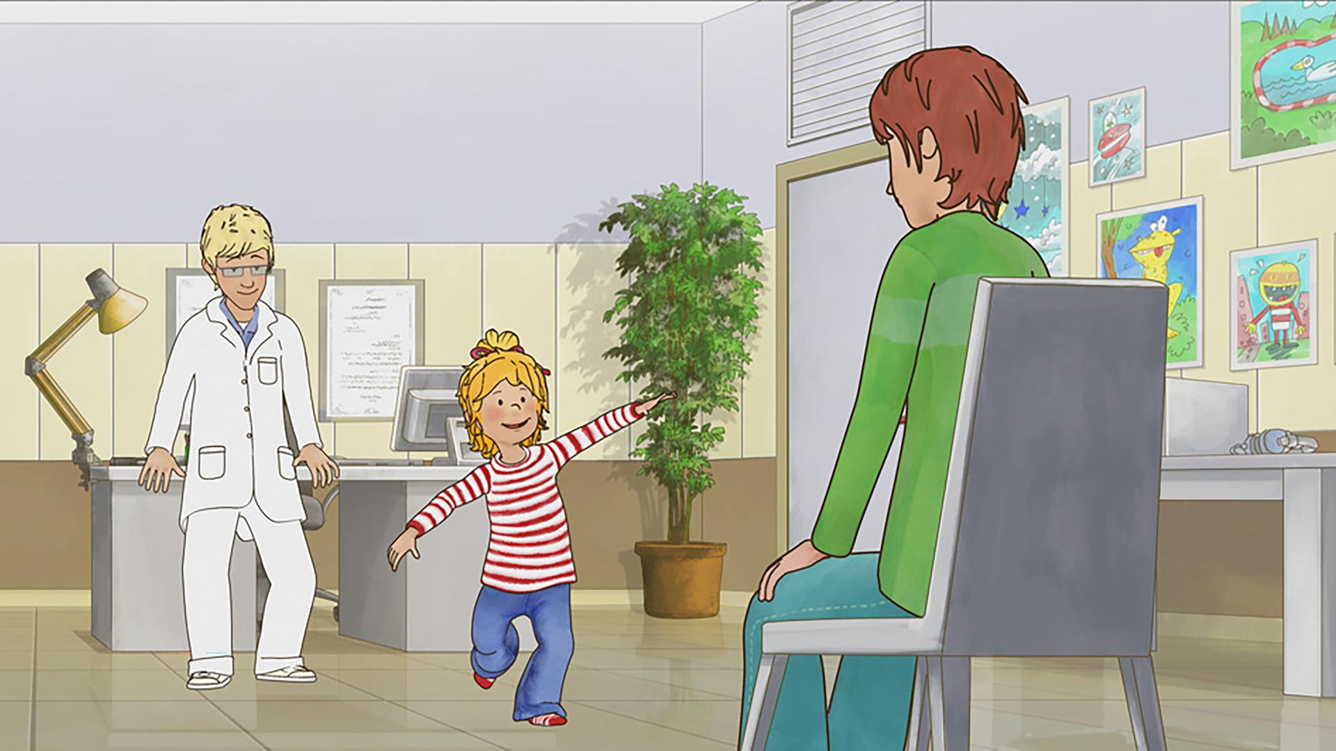 Conni hüpft fröhlich zwischen Kinderarzt und ihrer Mutter auf ihrem linken Bein.