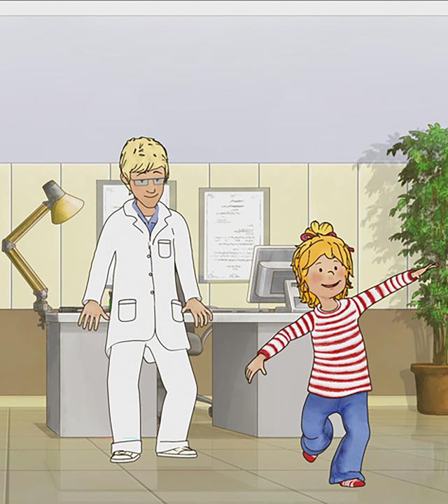 Conni hüpft fröhlich zwischen Kinderarzt und ihrer Mutter auf ihrem linken Bein.