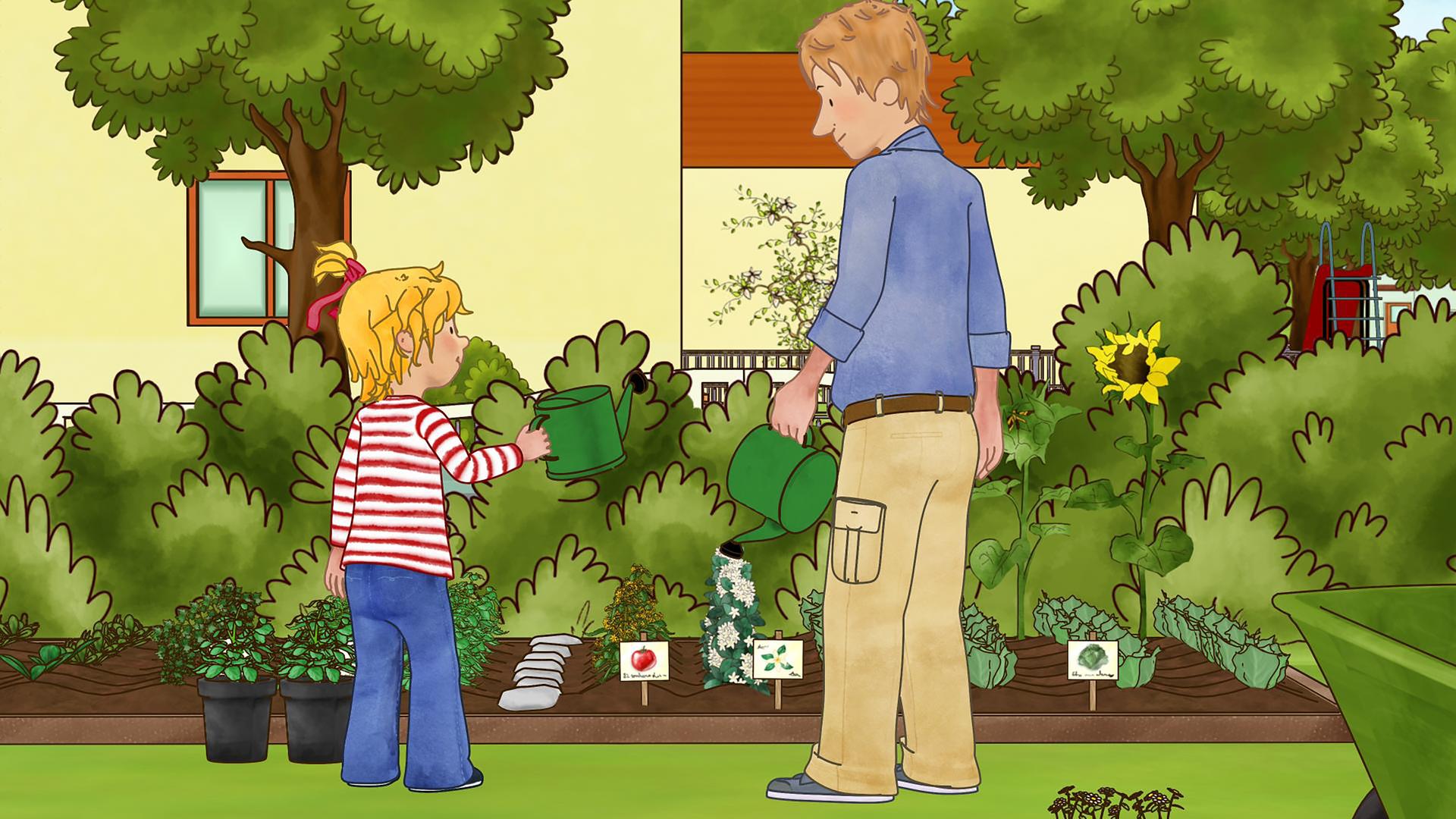 Conni und Papa haben Gießkannen in der Hand und wässern ihr neu angelegtes Gemüsebeet im Garten.