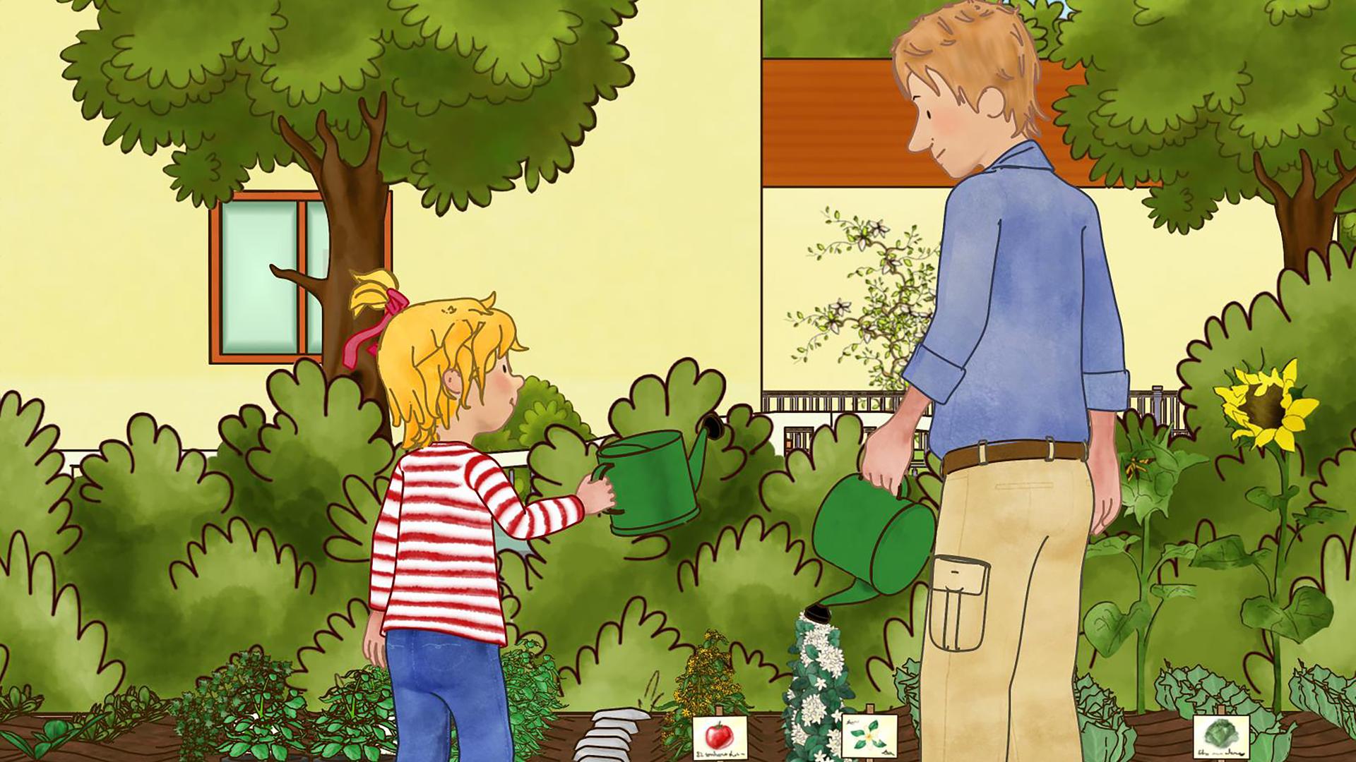 Conni und Papa haben Gießkannen in der Hand und wässern ihr neu angelegtes Gemüsebeet im Garten.