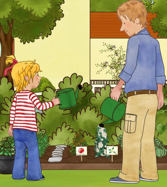 Conni und Papa haben Gießkannen in der Hand und wässern ihr neu angelegtes Gemüsebeet im Garten.