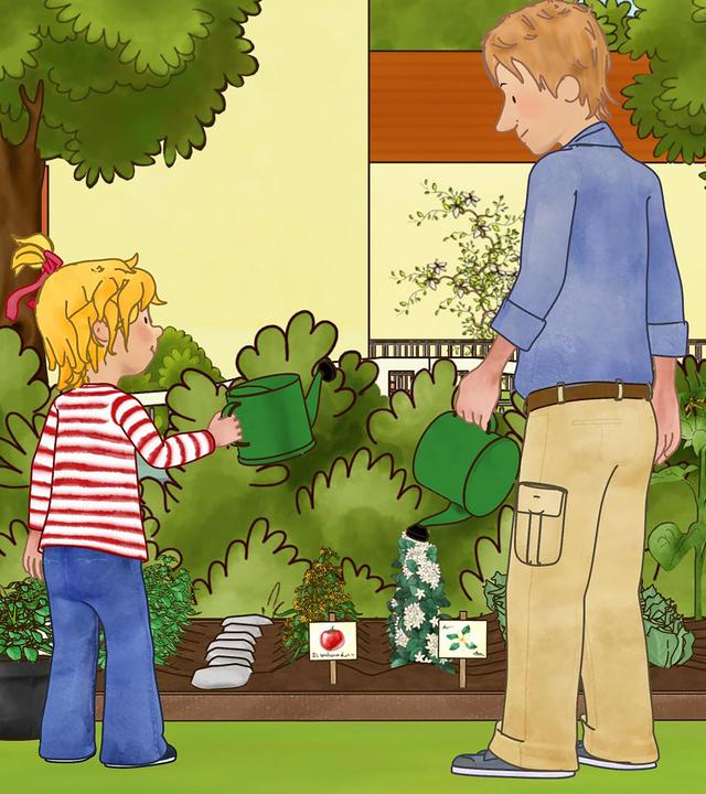 Conni und Papa haben Gießkannen in der Hand und wässern ihr neu angelegtes Gemüsebeet im Garten.