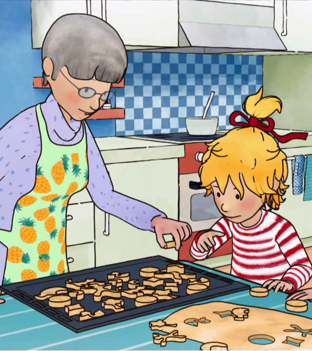 Conni und Simon backen Plätzchen. Connis Oma hilft dabei, die Plätzchen auf das Backblech zu legen.