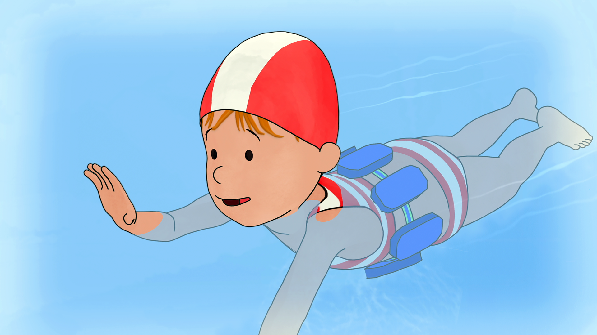 Conni schwimmt. Sie trägt eine rot-weiße Badekappe auf dem Kopf und einen blauen Schwimmgürtel um den Bauch.