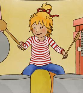 Conni spielt auf Töpfen und anderen Küchengeräten Schlagzeug.