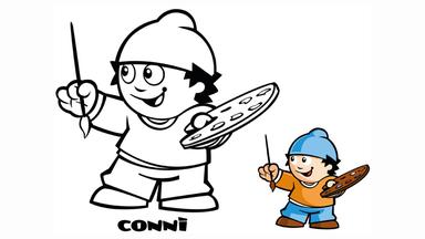 Mainzelmännchen-Ausmalbild: Conni mit Pinsel und Farbpalette