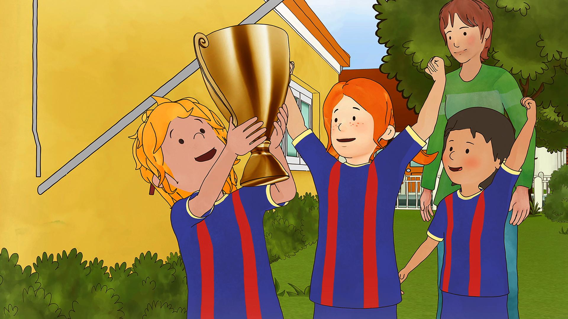 Conni hat einen Pokal in den Händen und hält ihn hoch. Ihre Mannschaftskameraden jubeln ihr zu.