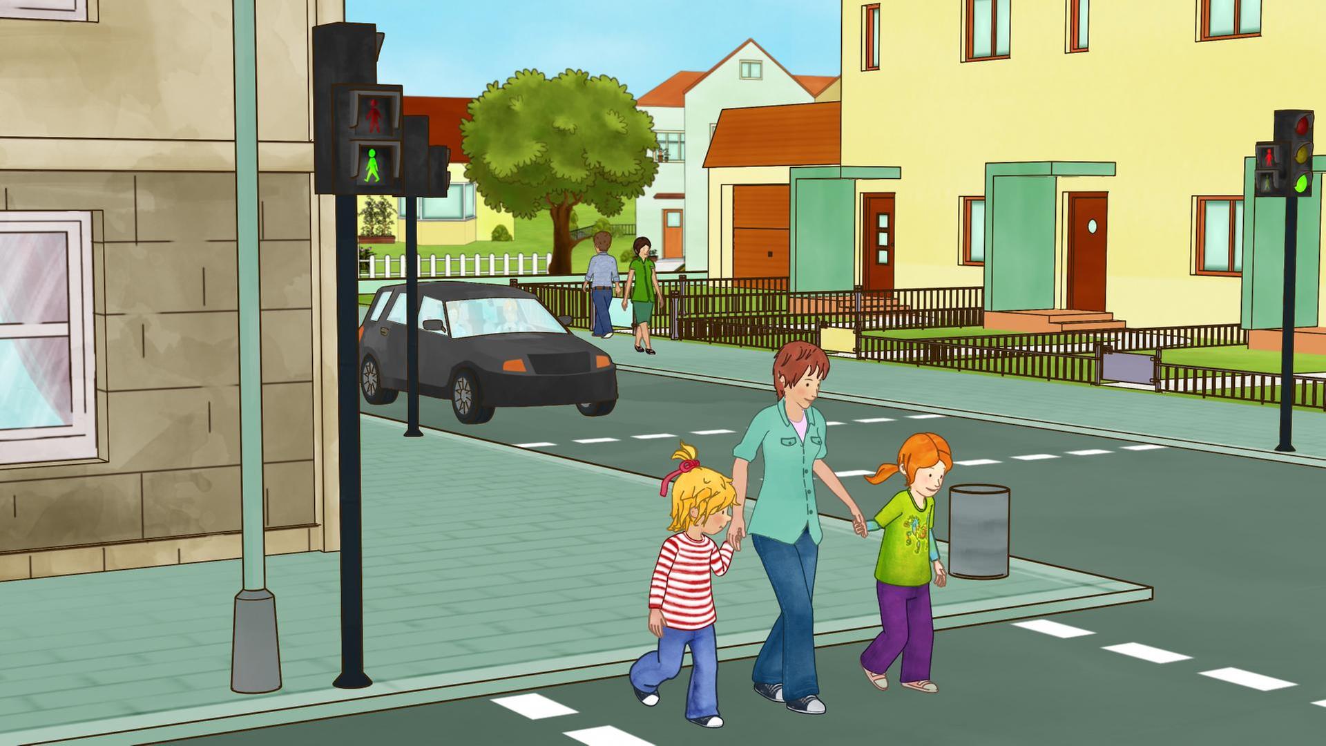 Conni überquert mit Mama und Anna bei Grün die Straße.