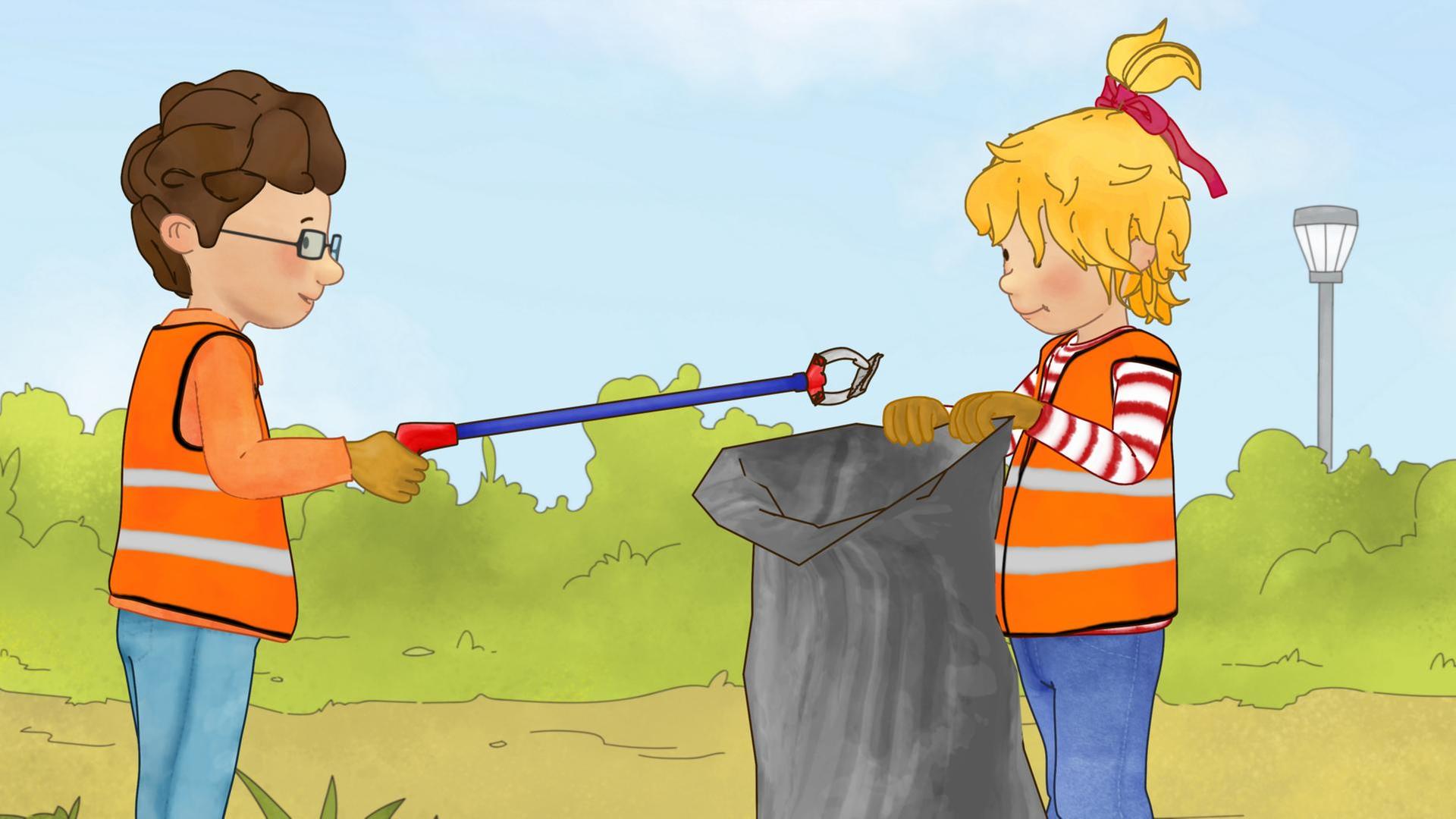 Conni und Simon tragen orangene Warnwesten und räumen mit Müllsack und Zange den Müll auf.