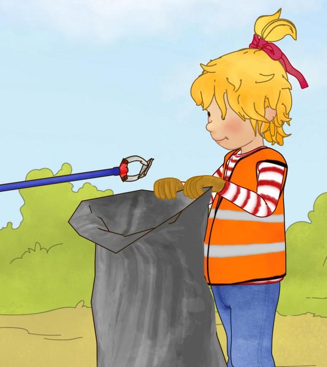 Conni und Simon tragen orangene Warnwesten und räumen mit Müllsack und Zange den Müll auf.