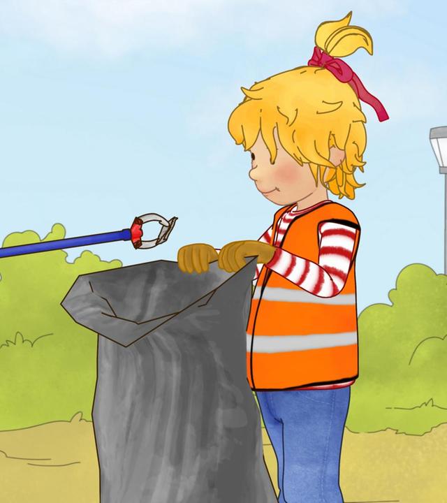 Conni und Simon tragen orangene Warnwesten und räumen mit Müllsack und Zange den Müll auf.