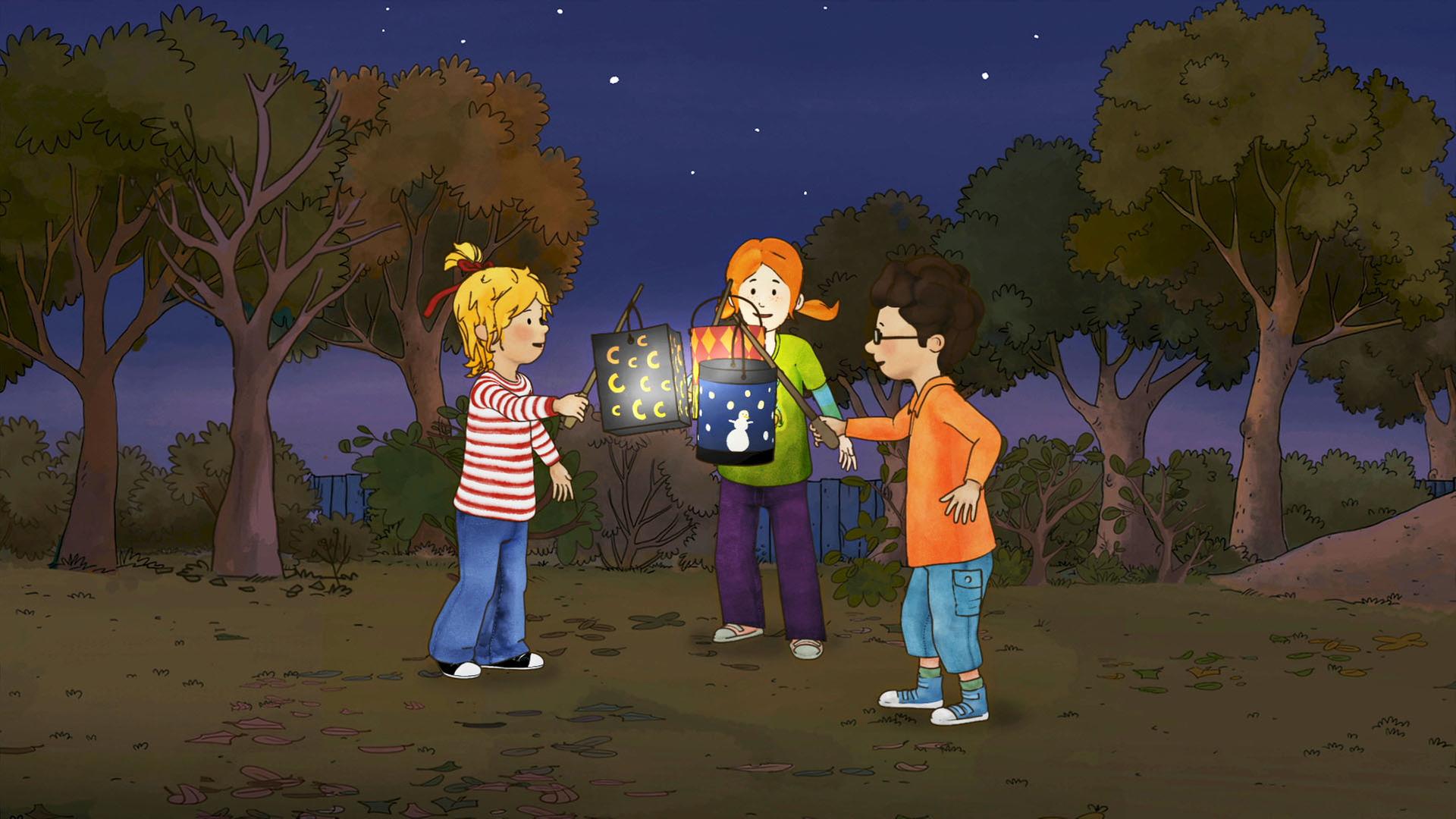 Conni macht bei einem Laternenumzug mit. Gemeinsam mit ihren Freunden hält sie ihre leuchtende Laterne mit Mondmotiven hoch.