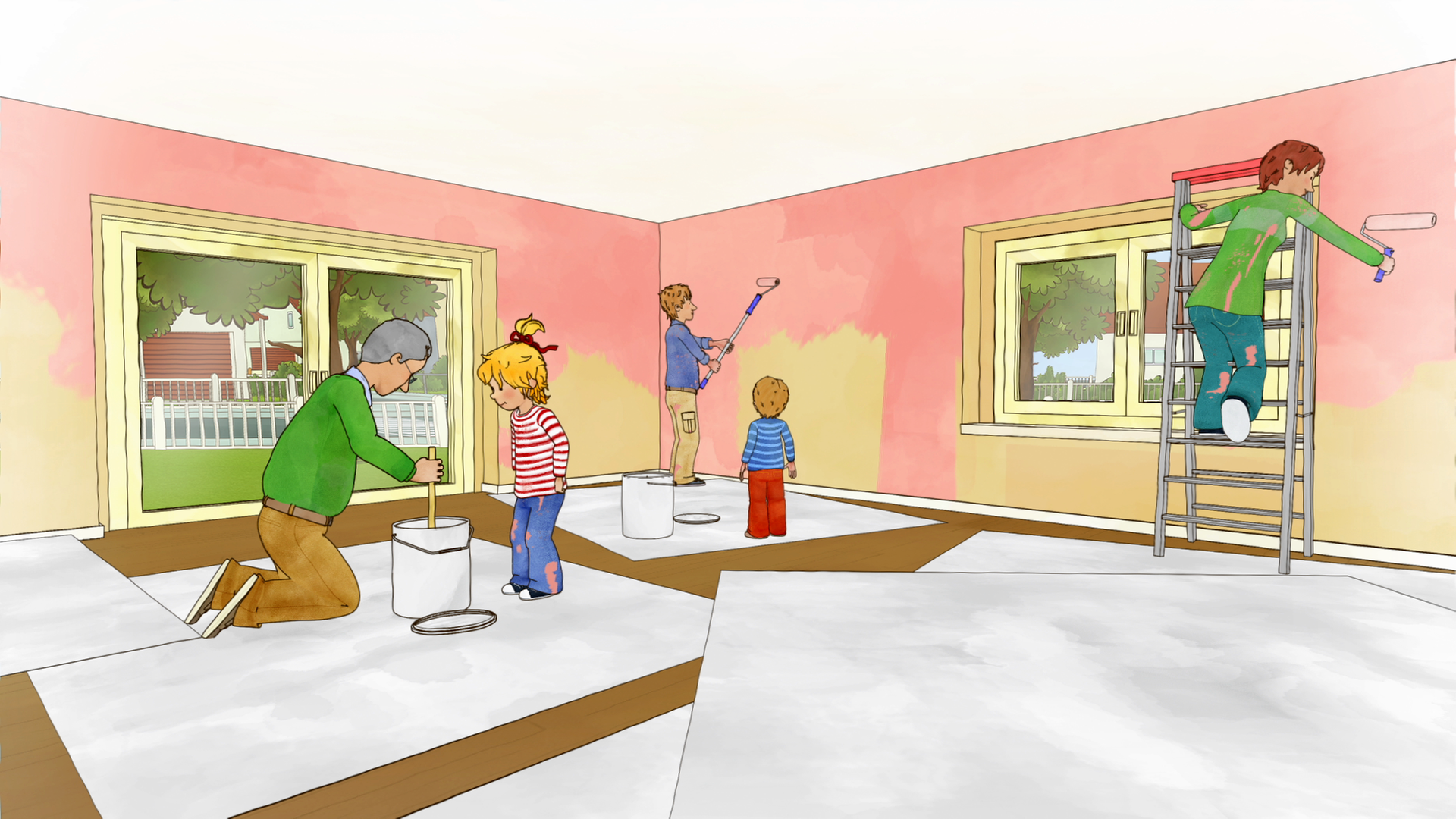 Conni und ihre Familie helfen beim Umzug und streichen die Wände der noch leeren Wohnung.