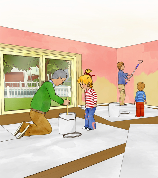 Conni und ihre Familie helfen beim Umzug und streichen die Wände der noch leeren Wohnung.