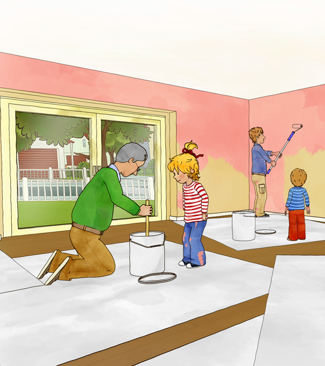 Conni und ihre Familie helfen beim Umzug und streichen die Wände der noch leeren Wohnung.