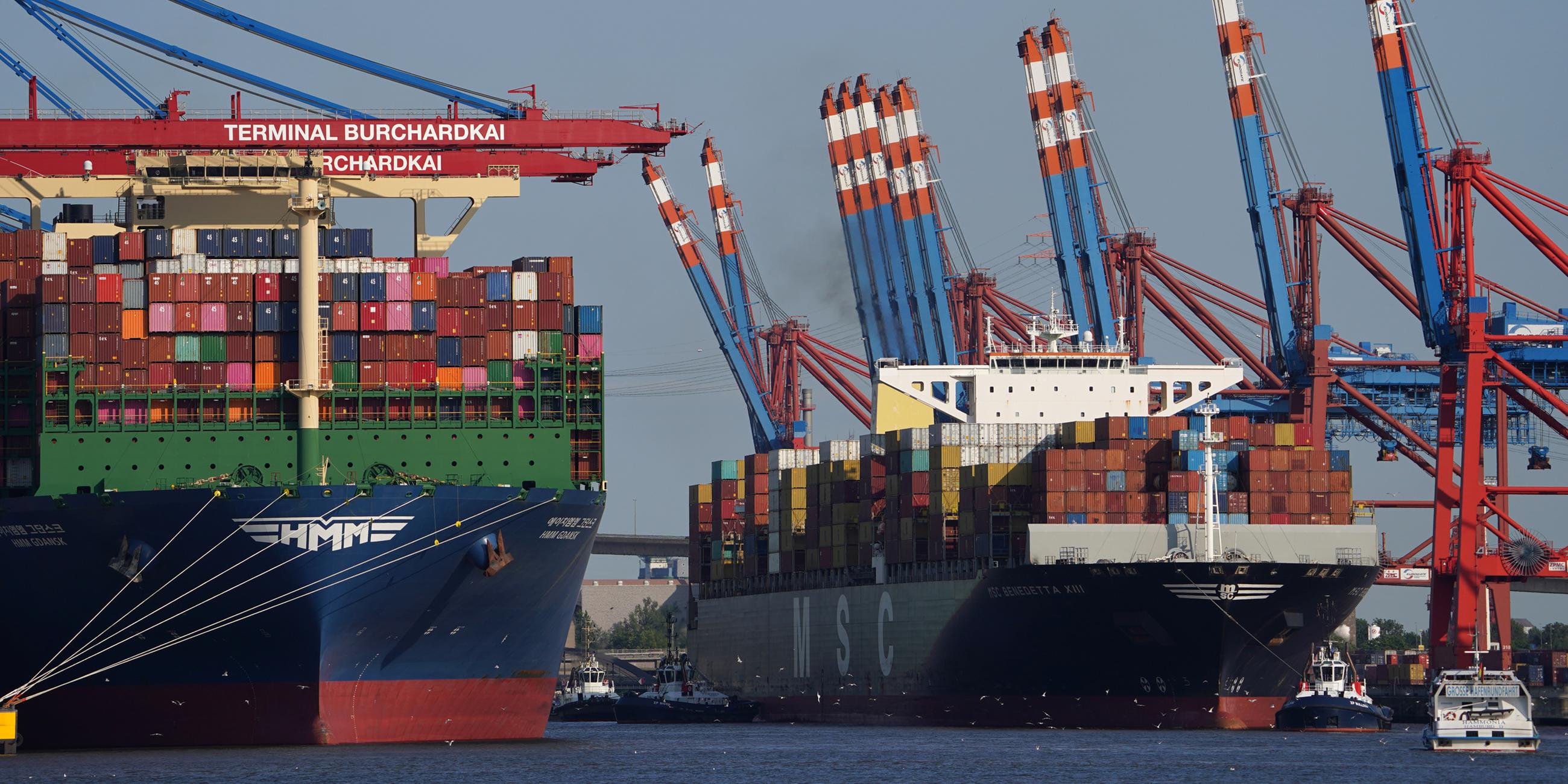 Containerschiffe liegen an einem Terminal im Hamburger Hafen