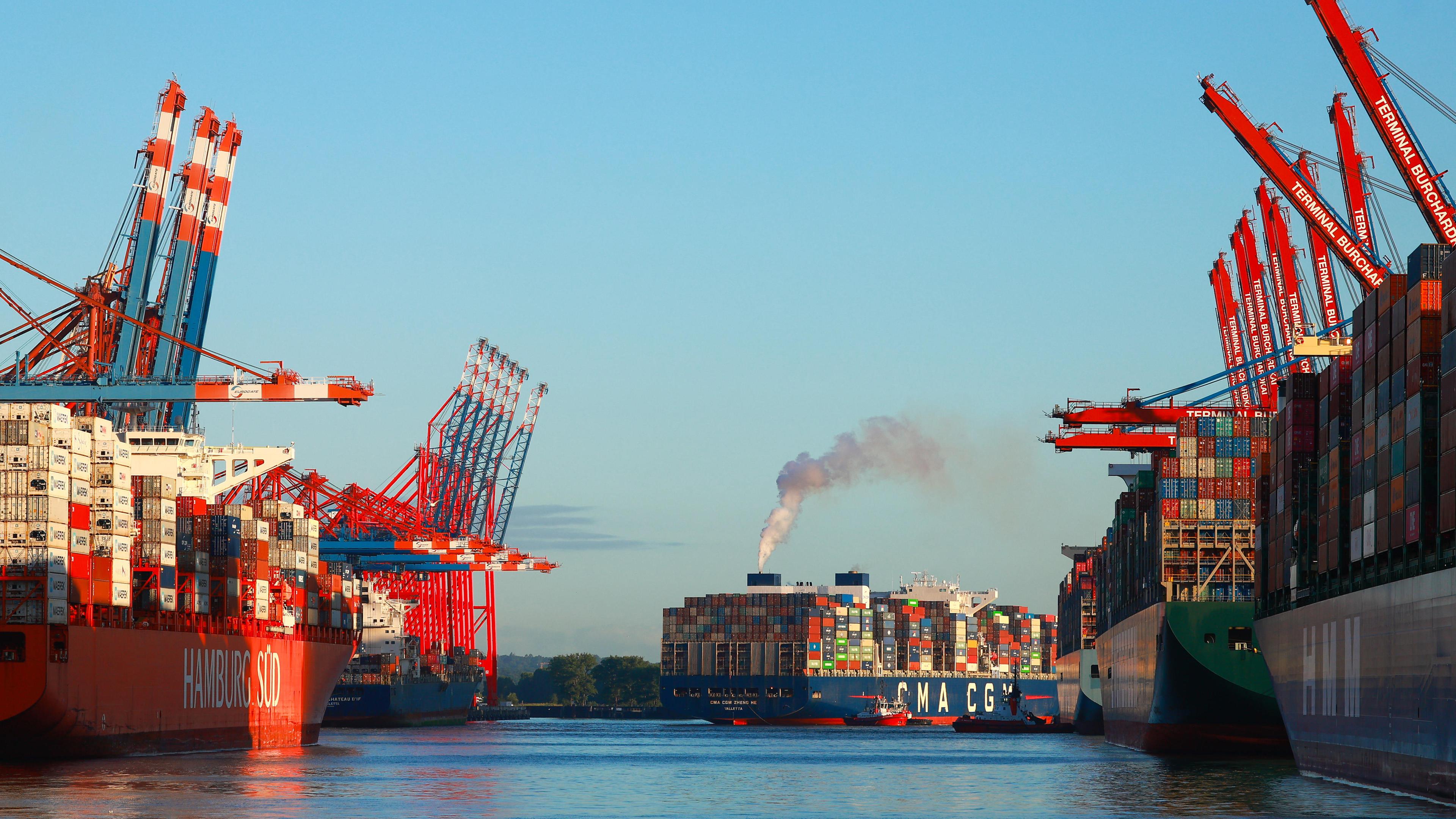 Ein Containerschiff legt am Containerterminal Eurogate im Waltershofer Hafen in Hamburg an.