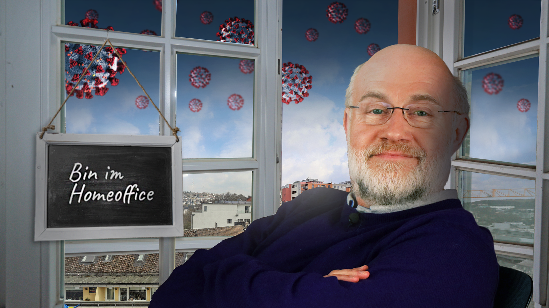 Collage: Harald Lesch sitzt entspannt - im Hintergrund Coronaviren