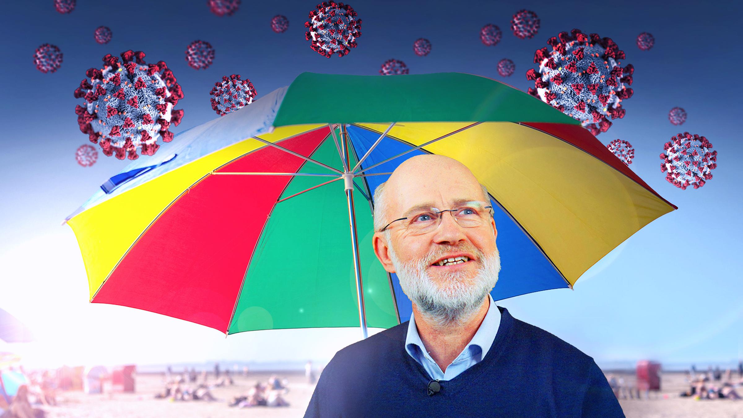 Collage: Harald Lesch unter Sonnenschhirm auf den Coronaviren regnen