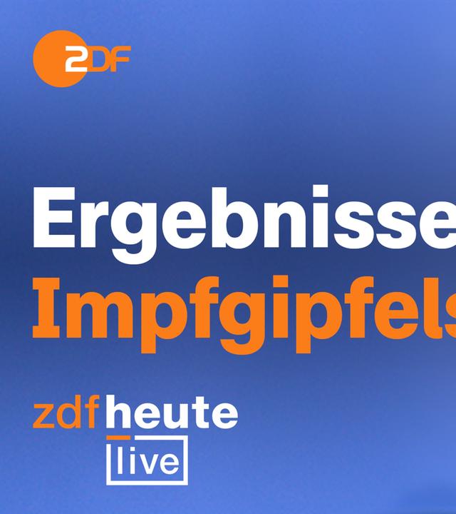 Bundeskanzlerin Angela Merkel redet mit Papier in der Hand. ZDF-Logo oben links, ZDFheute live unten links. Schirftzug "Ergebnisse des Impfgipfels". Blauer Hintergrund.