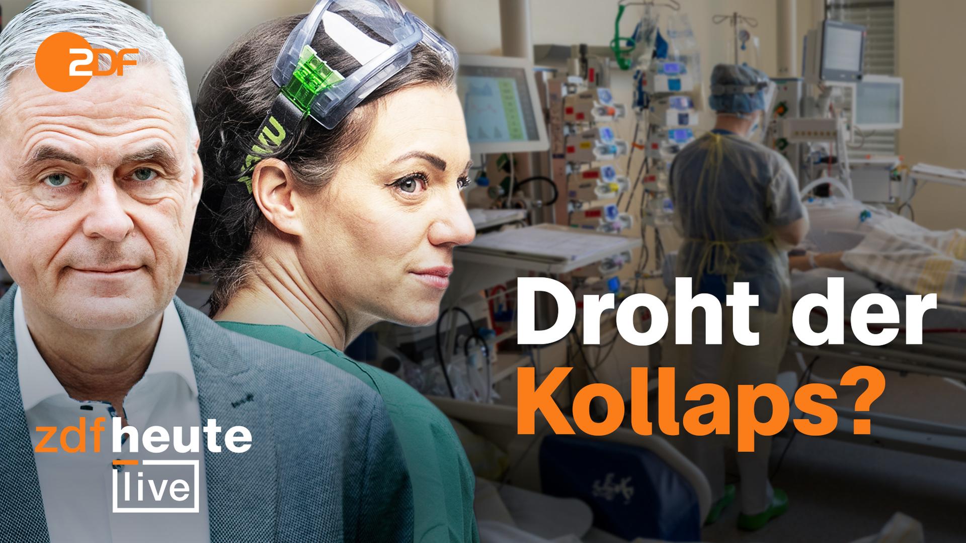 Prof. Dr. Uwe Jenssen und Intensivpflegerin Nicol Hobuß links, rechts ein Zusammenschnitt aus der Intensivstation. Schriftzug "Droht der Kollaps?", ZDFheute live Logo unten links. ZDF-Logo oben links.