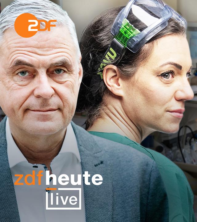 Prof. Dr. Uwe Jenssen und Intensivpflegerin Nicol Hobuß links, rechts ein Zusammenschnitt aus der Intensivstation. Schriftzug "Droht der Kollaps?", ZDFheute live Logo unten links. ZDF-Logo oben links.