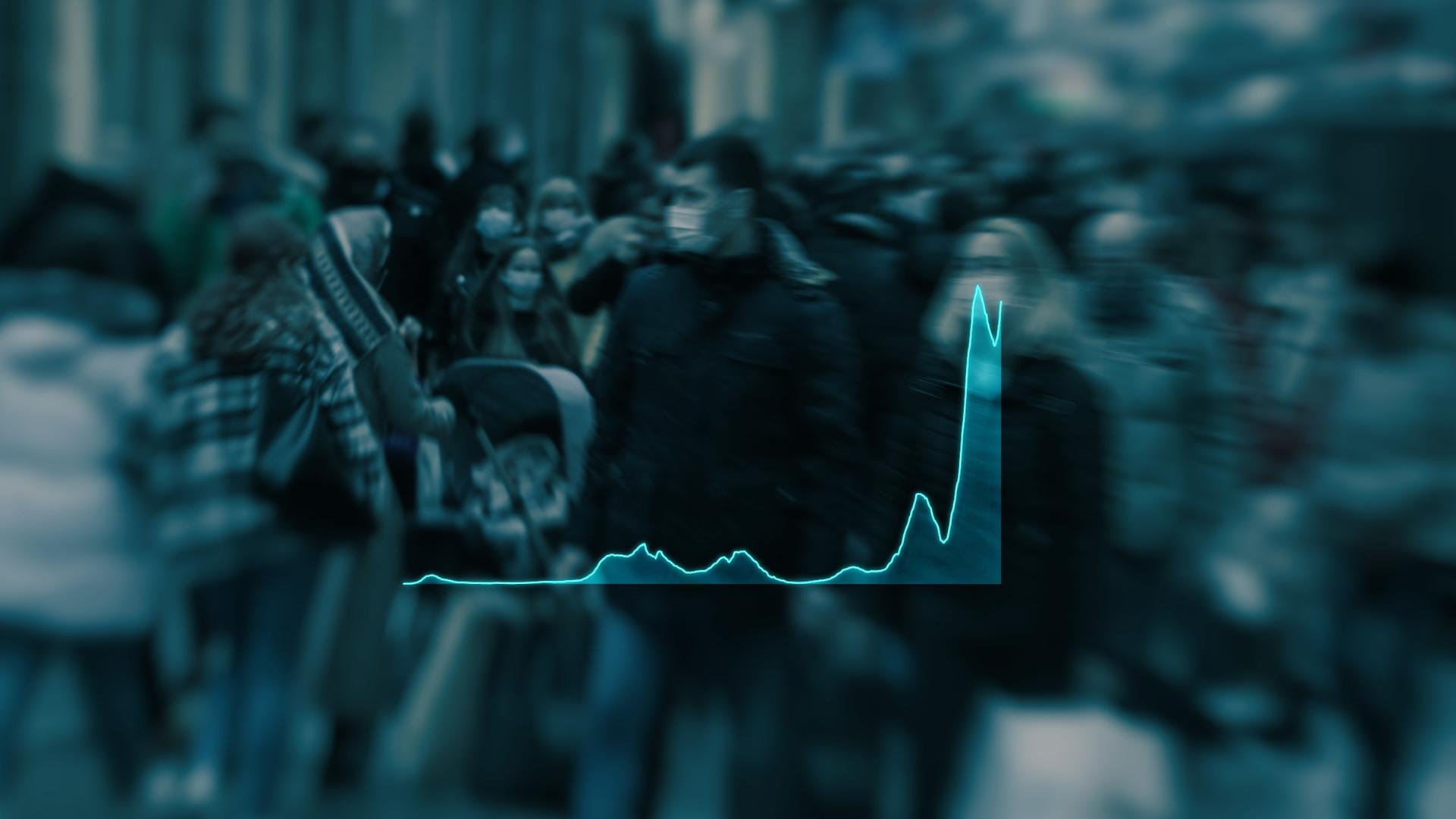 Fußgängerzone, darüber Verlauf der Corona-Infektionen in Deutschland als Grafik