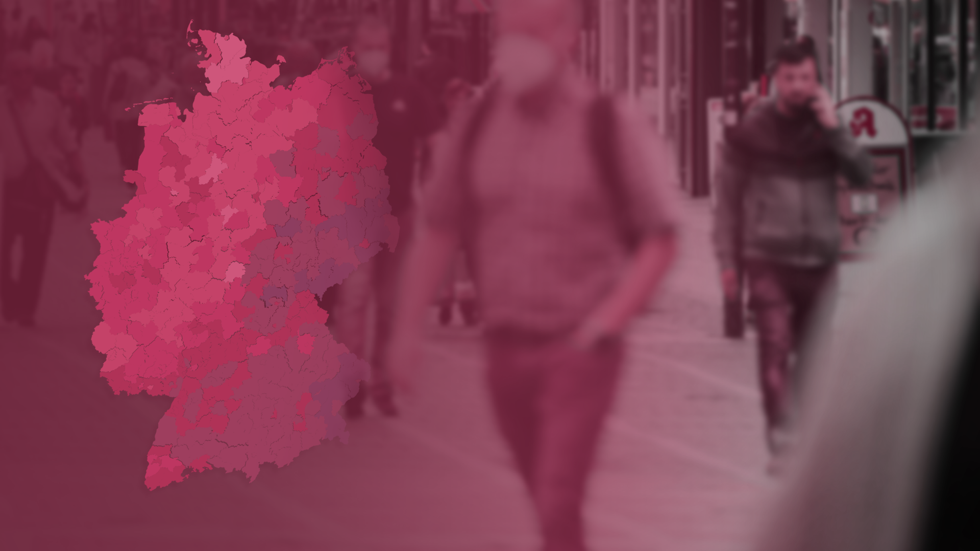 Fußgängerinnen und Fußgänger und Deutschlandkarte mit Inzidenzen