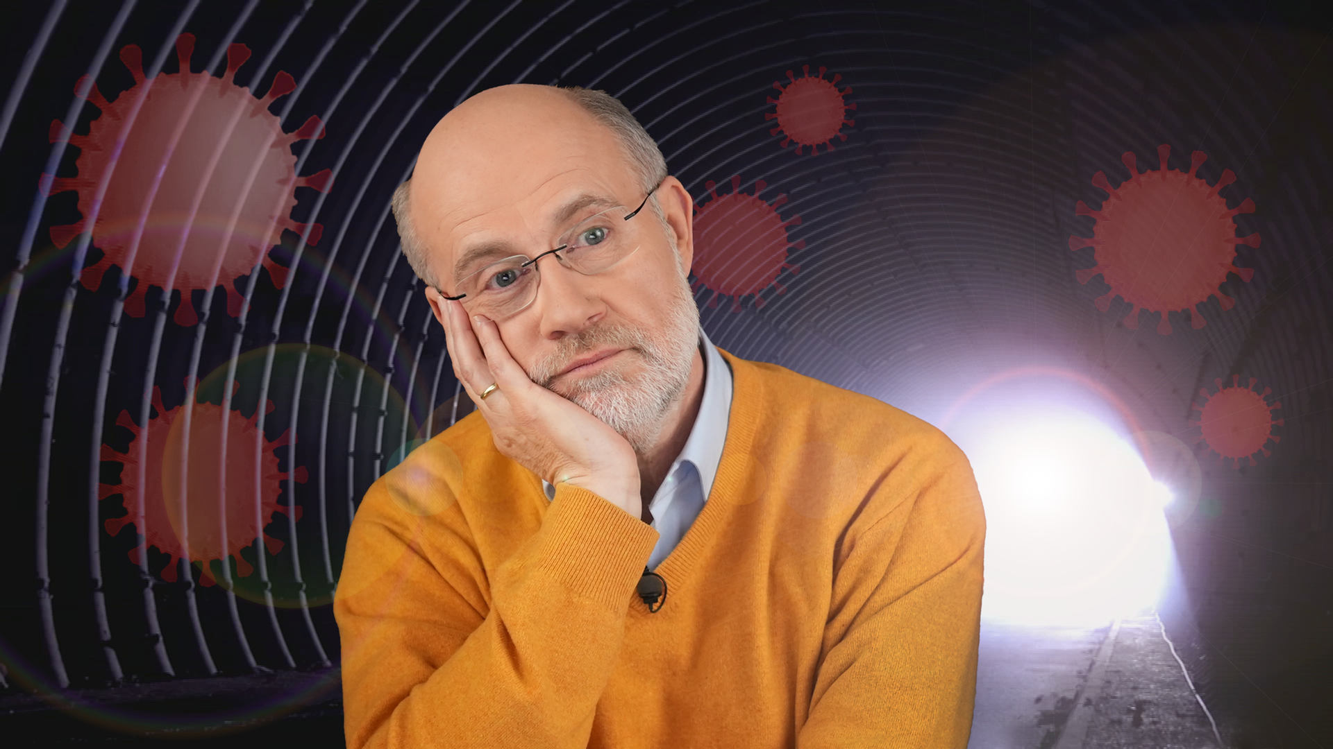 Grafik: Professor Harald Lesch mit sorgenvollem Gesicht vor Tunnel und Coronaviren