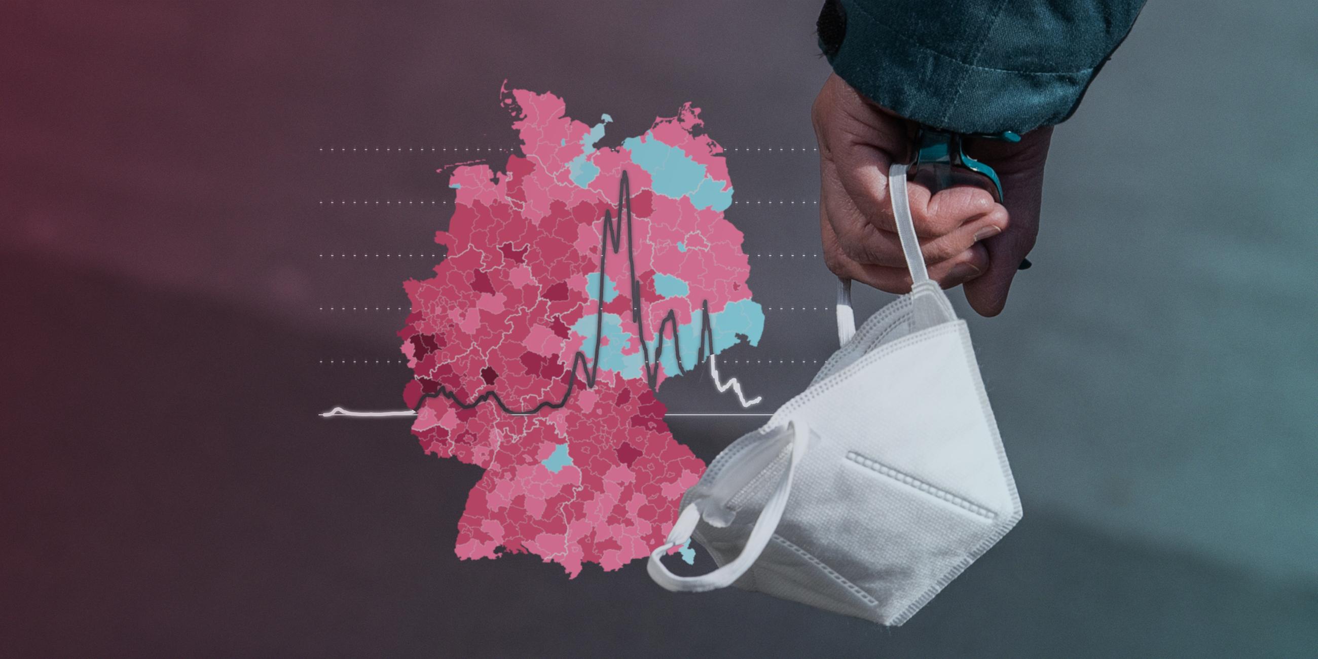 Corona-Karte und Grafik sowie FFP2-Maske in einer Hand gehalten