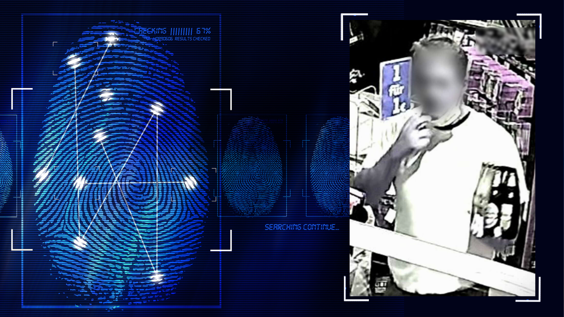 Bild einer Überwachungskamera zeigt einen Mann mit einem Six-Pack in der einen Hand. Im Hintergrund sind die Regale eines Verkaufsraums zu erkennen. Der Mann hält eine Schutzmaske, die an seinen Ohren befestigt ist so, dass sein Gesicht unbedeckt ist. Das Gesicht wurde im Bild technisch verfremdet. Links daneben: Lichtschematische Darstellung eines Fingerabdrucks.