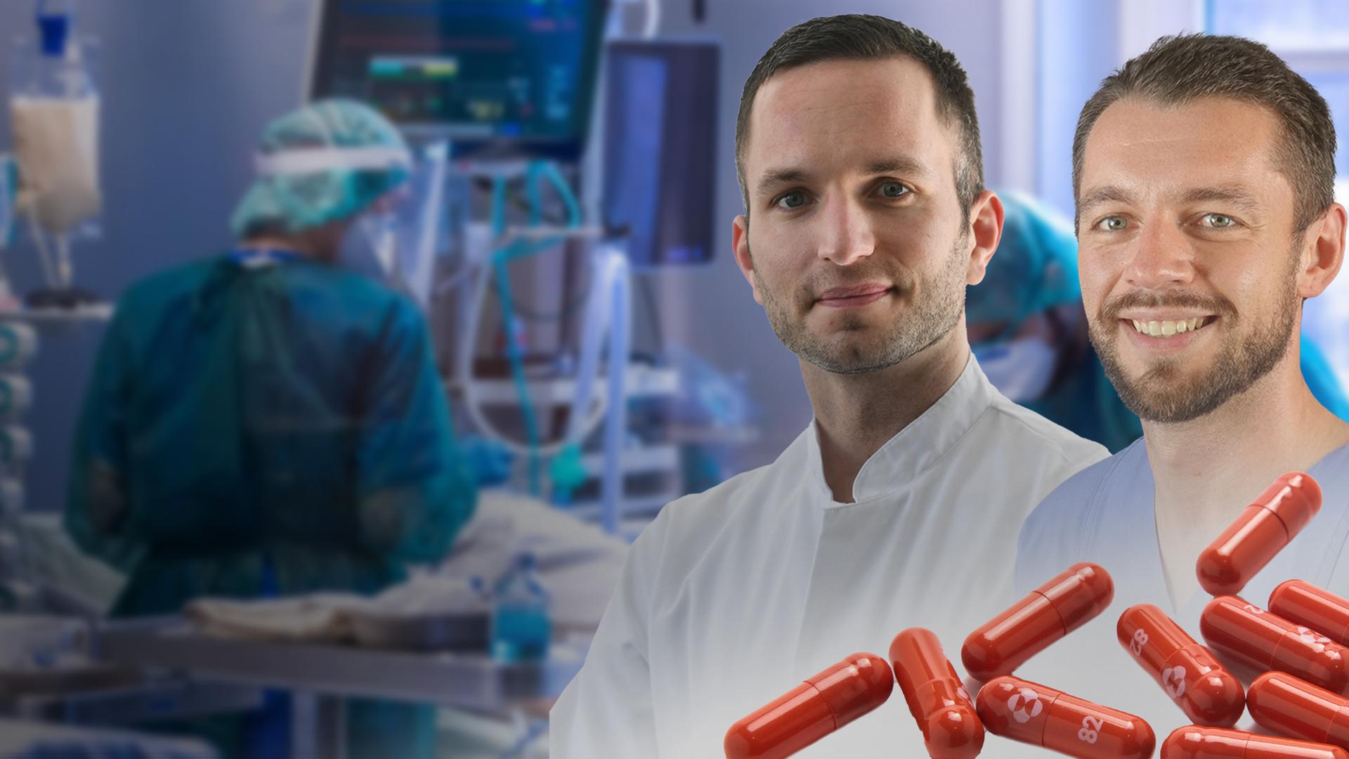 Im Hintergrund eine Intensivstation, rechts Intensivpfleger Karsten Schmitt und dahinter Infektiologe Dr. Spinner. Corona-Medikamente vorne rechts. 