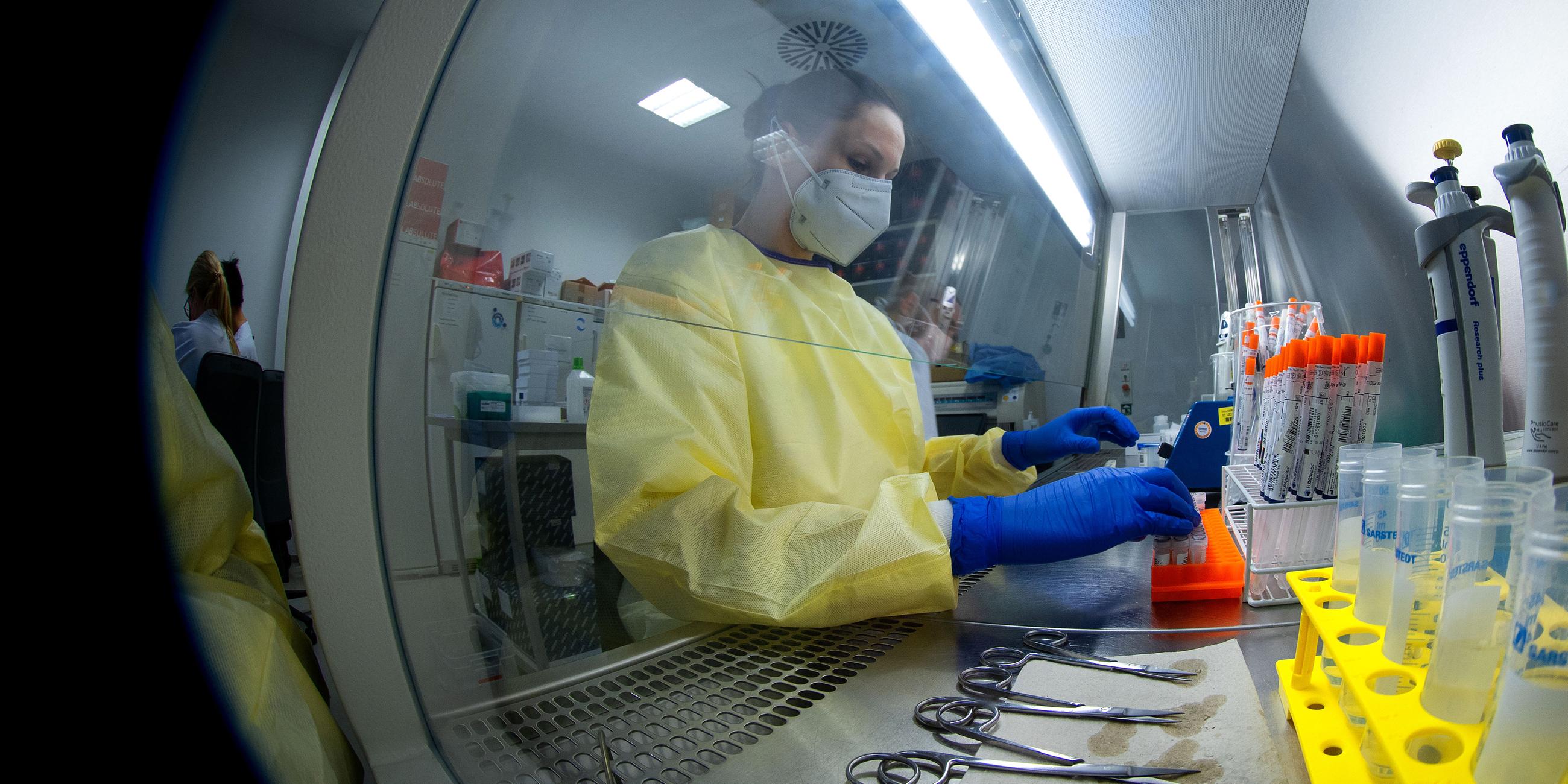 Die Medizintechnische Assistentin Denise Dittmar bereitet Abstrichproben aus Corona-Testzentren für die Untersuchung in den Automat im PCR-Labor in der Universitätsmedizin vor, aufgenommen am 01.02.2022
