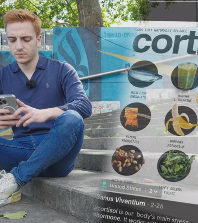 Reporter sitzt auf einer Treppe, neben ihm ist eine Grafik zu Cortisol eingeblendet