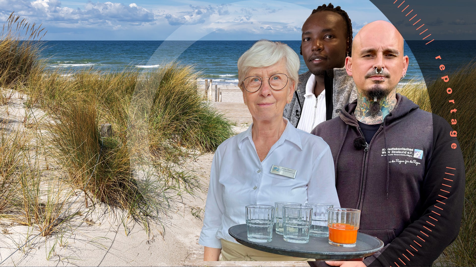 Collage: 5 Menschen blicken nach vorne. Im Hintergrund ist ein Strand und das Meer zu sehen.