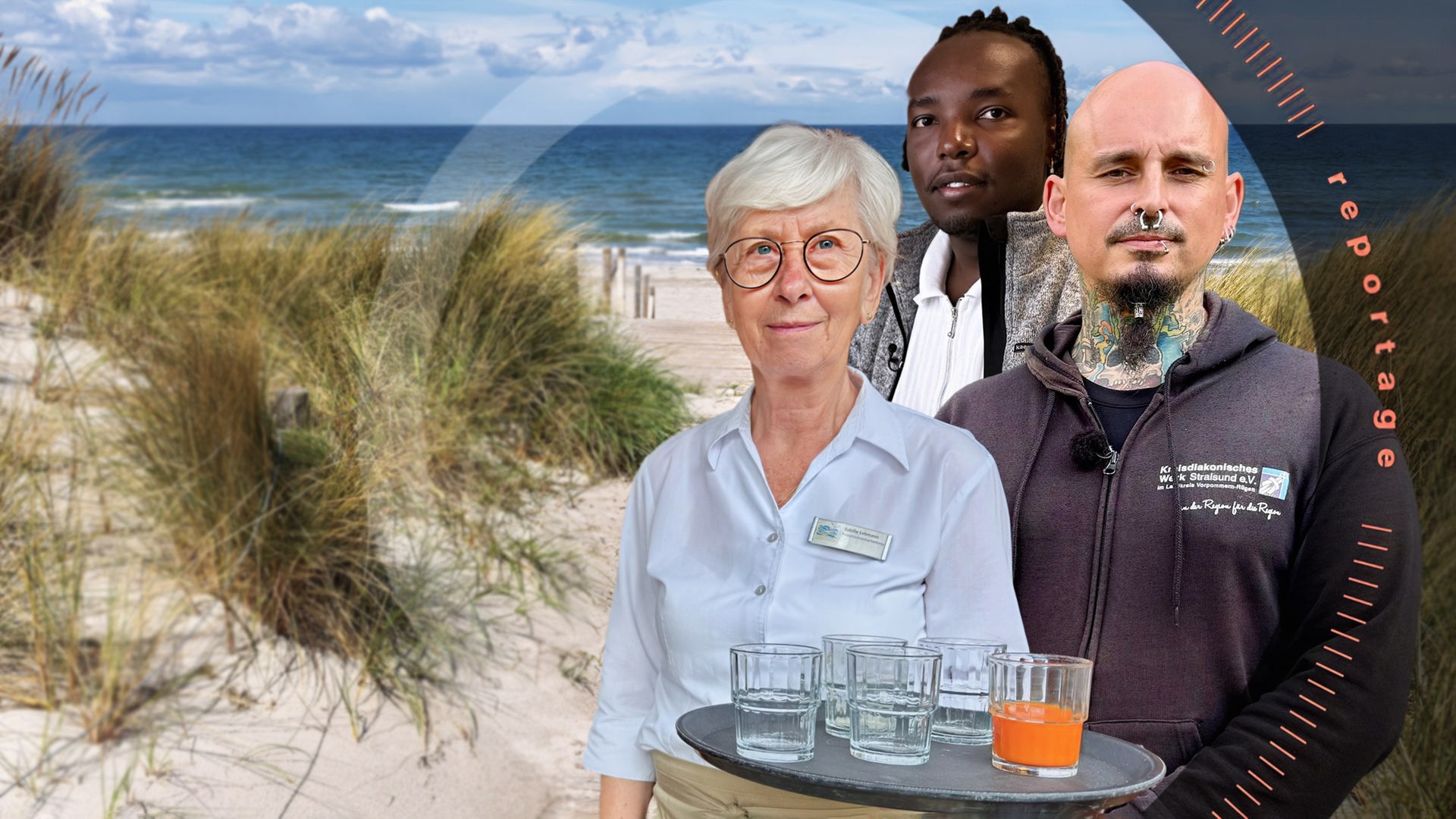 Collage: 5 Menschen blicken nach vorne. Im Hintergrund ist ein Strand und das Meer zu sehen.