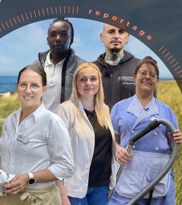 Collage: 5 Menschen blicken nach vorne. Im Hintergrund ist ein Strand und das Meer zu sehen.
