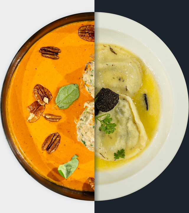 Cremige Paprikasauce vs. Ricotta-Trüffel-Ravioli